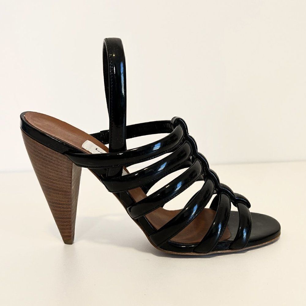 Lanvin Black Patent Leather Strappy Cone Heel Sandals